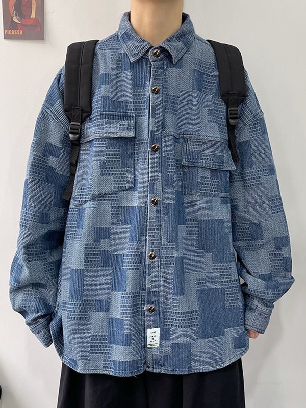 Herrenbluse im Vintage-Stil mit Karomuster und langen Ärmeln-1