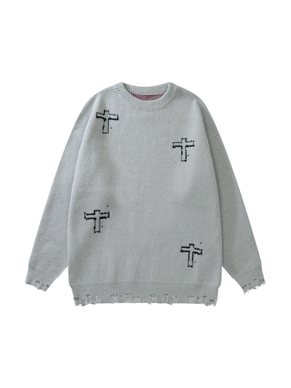 Zerrissener Herrenpullover mit Vintage-Kreuzmuster-1