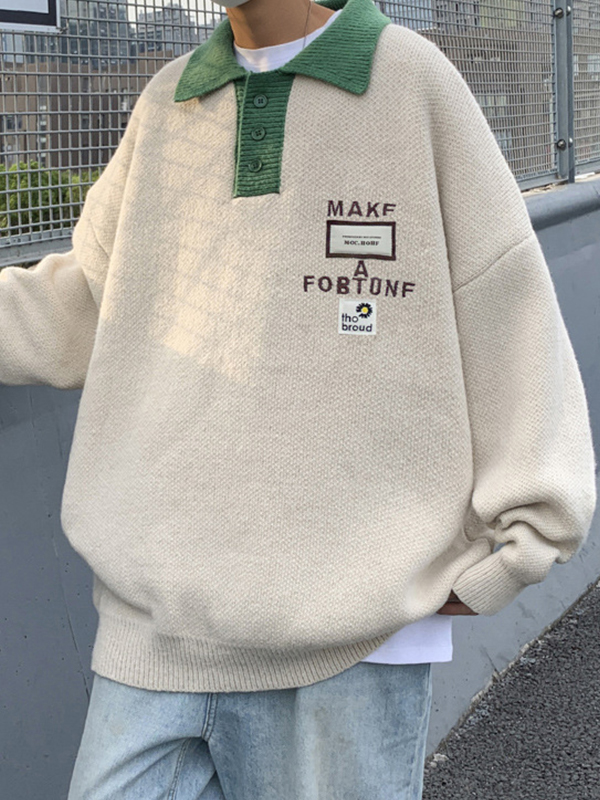 Herren-Strickpullover mit Buchstaben-Stickerei und Beschriftung in Kontrastfarbe-2