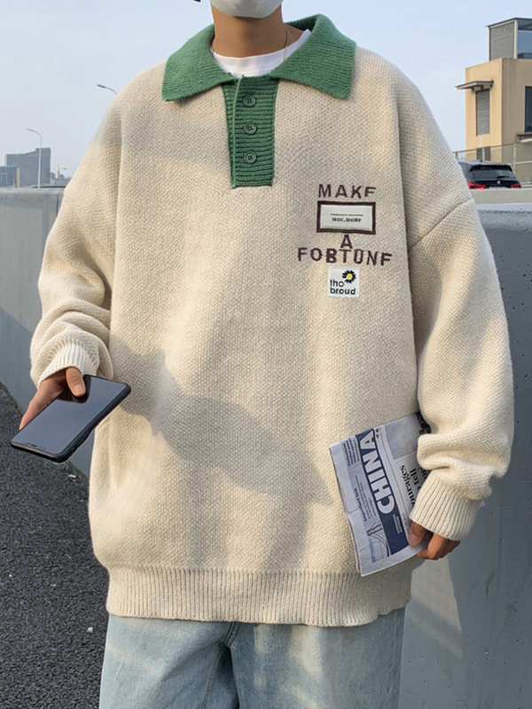 Herren-Strickpullover mit Buchstaben-Stickerei und Beschriftung in Kontrastfarbe-1